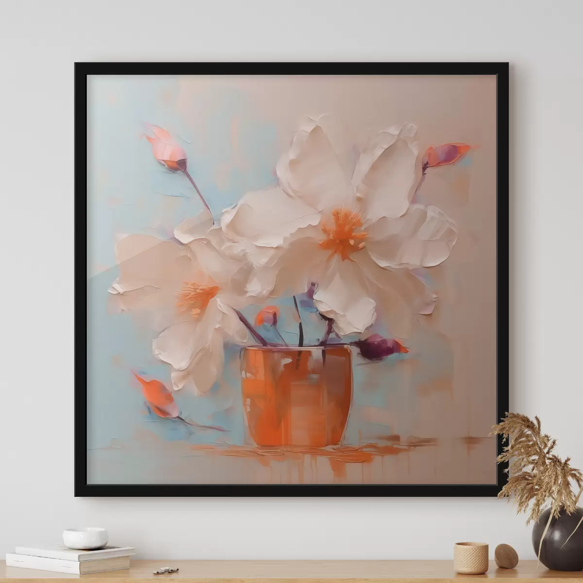 Poster Narcisos en jarrón, blanco, naranja, beige, azul. f40520