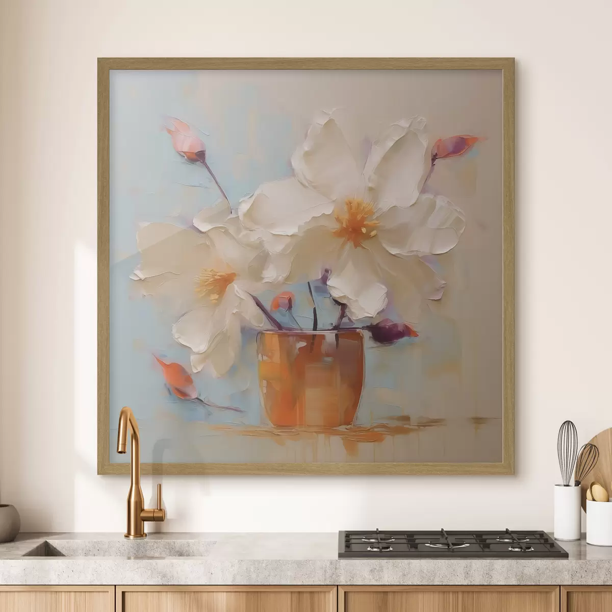 Poster Narcisos en jarrón, blanco, naranja, beige, azul f40520