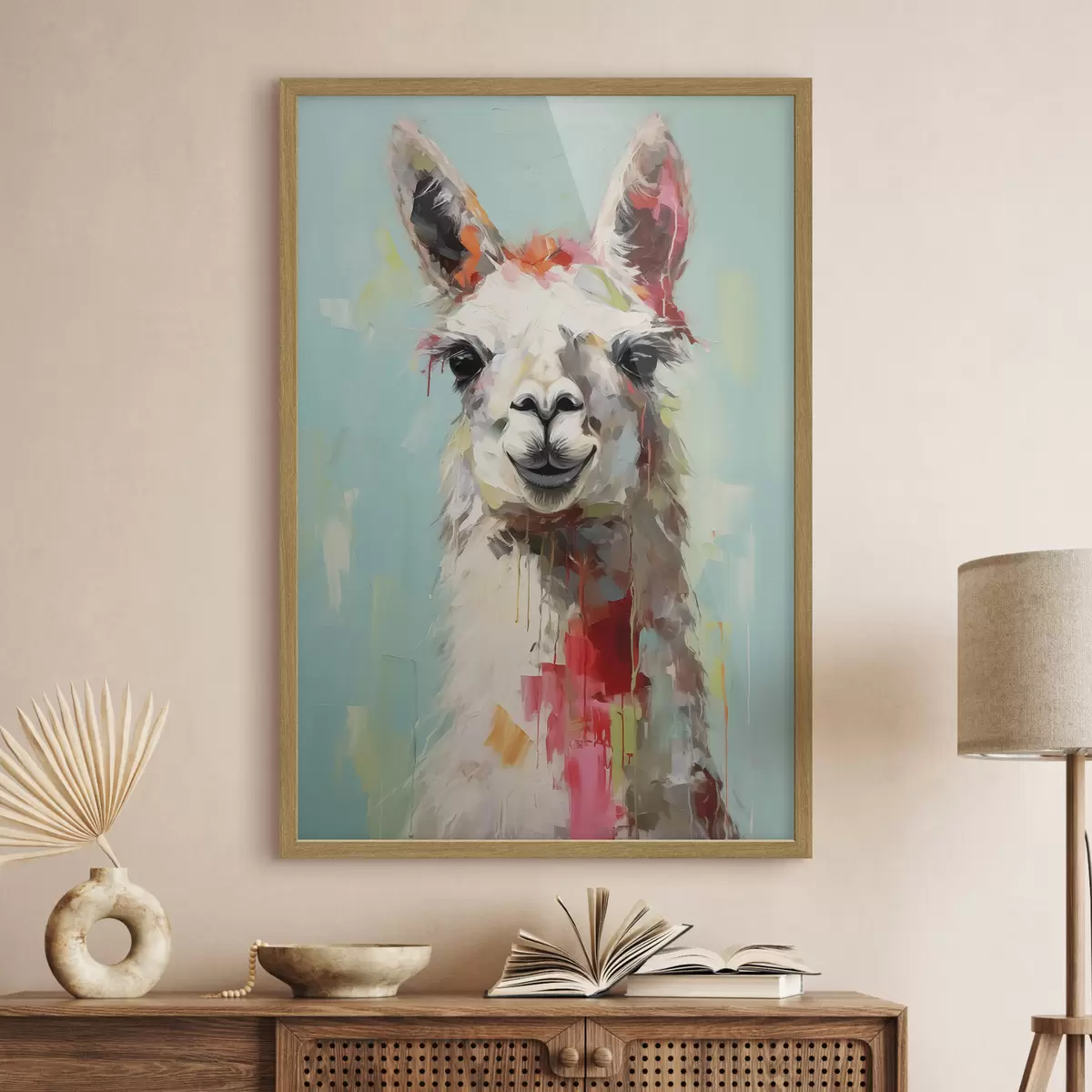 Poster Llama blanca con manchas de pintura sobre fondo gris azulado pastel f40523