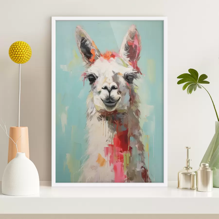 murales de pared Llama blanca con manchas de pintura sobre fondo gris azulado pastel f40523