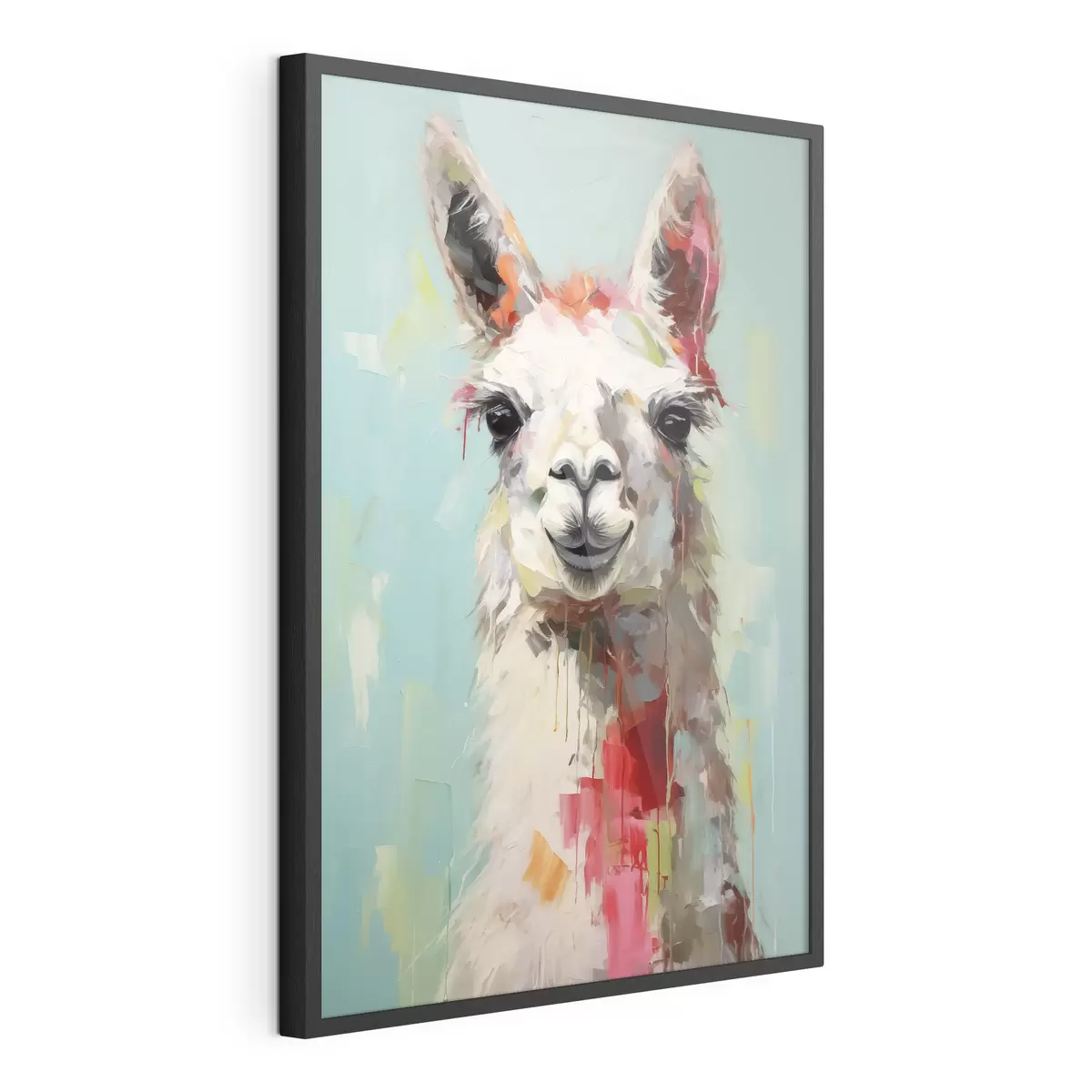 Poster Llama blanca con manchas de pintura sobre fondo gris azulado pastel f40523