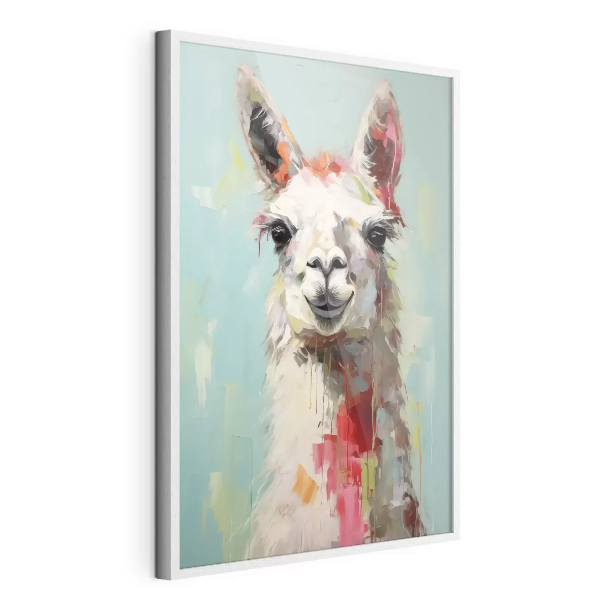 Poster Llama blanca con manchas de pintura sobre fondo gris azulado pastel f40523