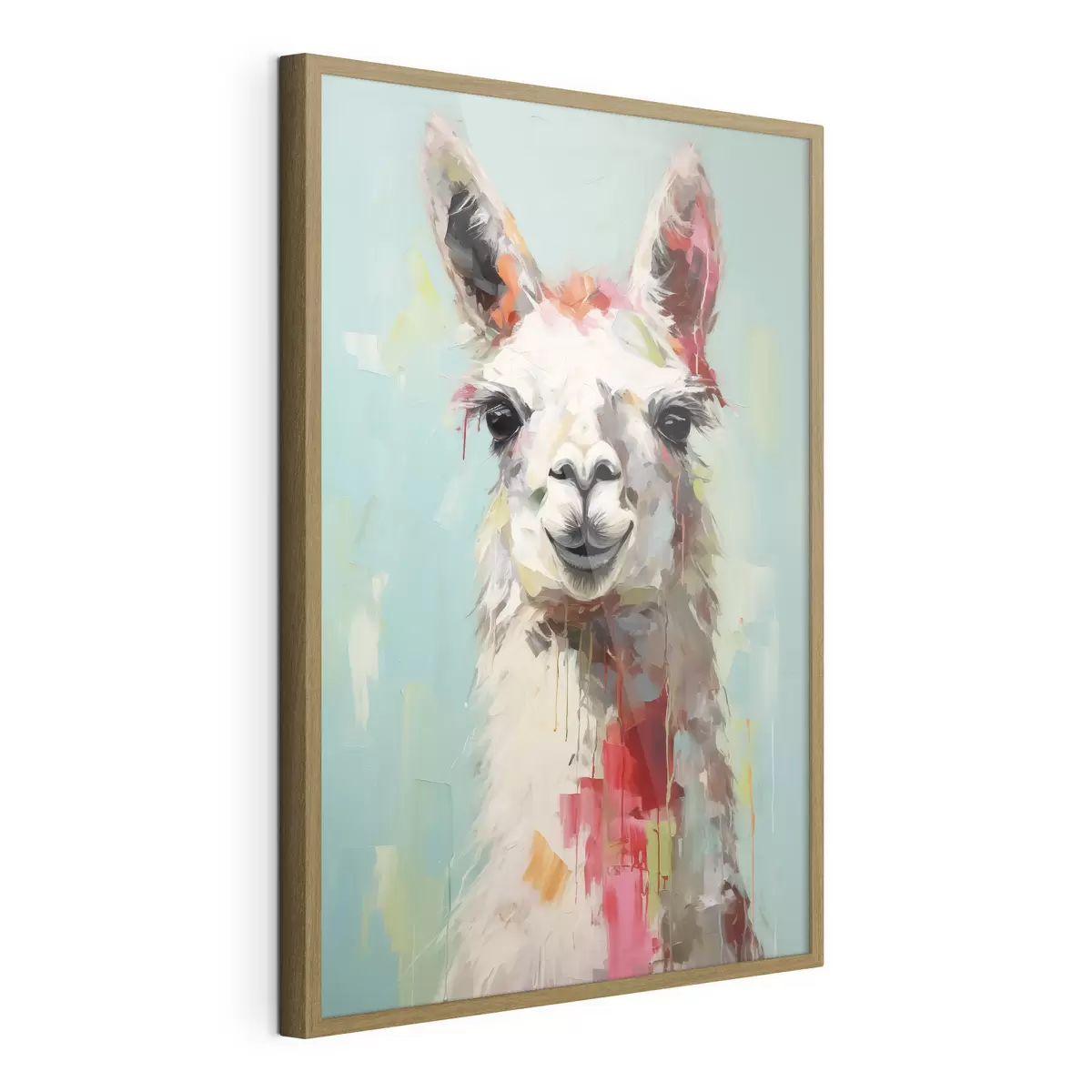 Poster Llama blanca con manchas de pintura sobre fondo gris azulado pastel f40523