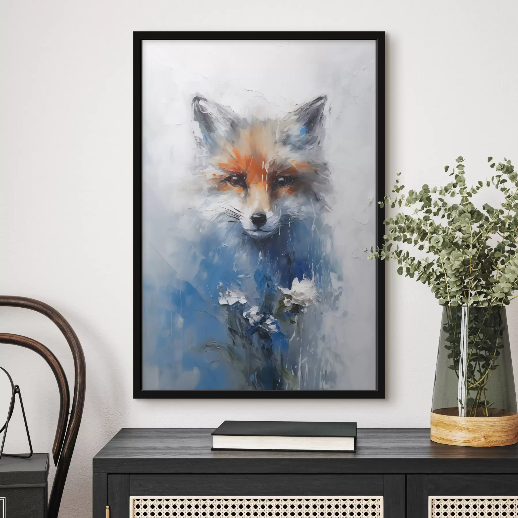 murales de pared Retrato abstracto de un zorro en manchas de pintura azul f40524