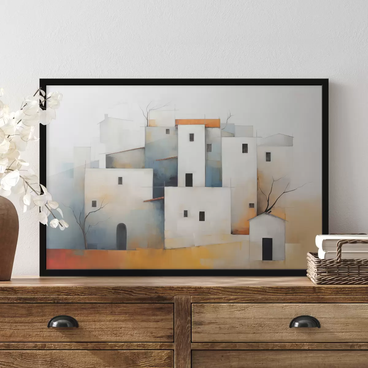 Poster Casas estilizadas blancas abstractas, color rojo, naranja, amarillo, azul. f40531