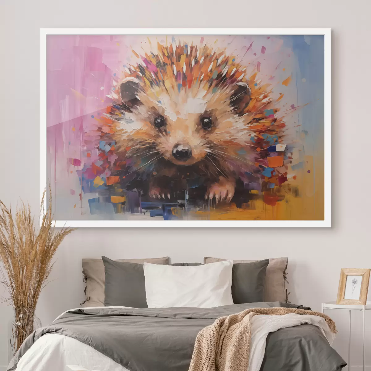 Poster Retrato de un erizo en colores brillantes, amarillo, morado, azul, naranja, marrón. f40532
