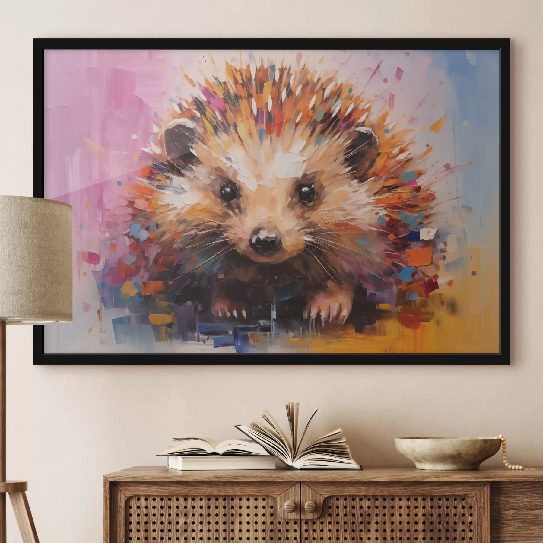 murales de pared Retrato de un erizo en colores brillantes, amarillo, morado, azul, naranja, marrón f40532