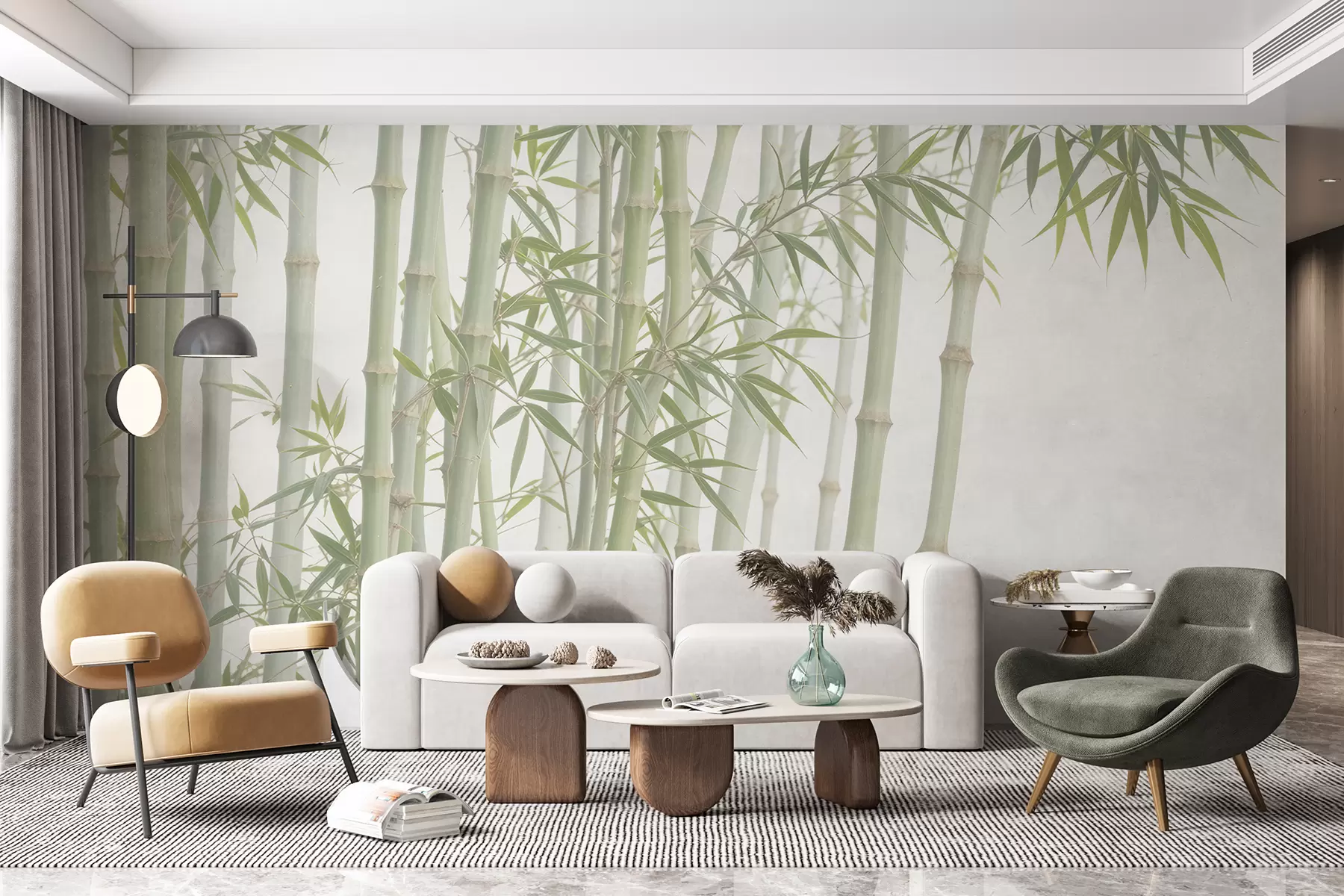 murales de pared Un denso bosque de bambú con altos tallos de bambú y hojas verdes sobre un fondo suave y brumoso w08237