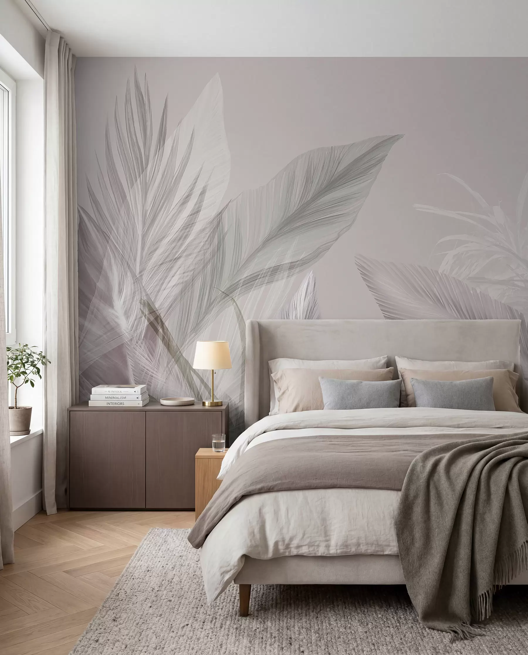 murales de pared Plumas suaves de color blanco, rosa y gris y hojas tropicales flotando sobre un fondo claro w08241v1