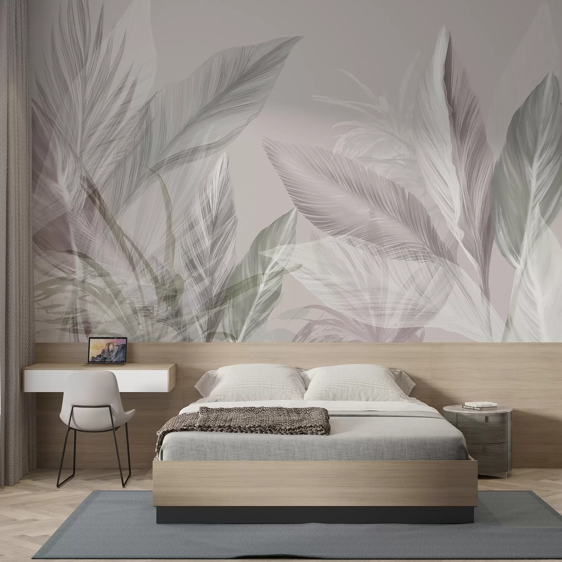 murales de pared Plumas suaves de color blanco, rosa y gris y hojas tropicales flotando sobre un fondo claro w08241v1