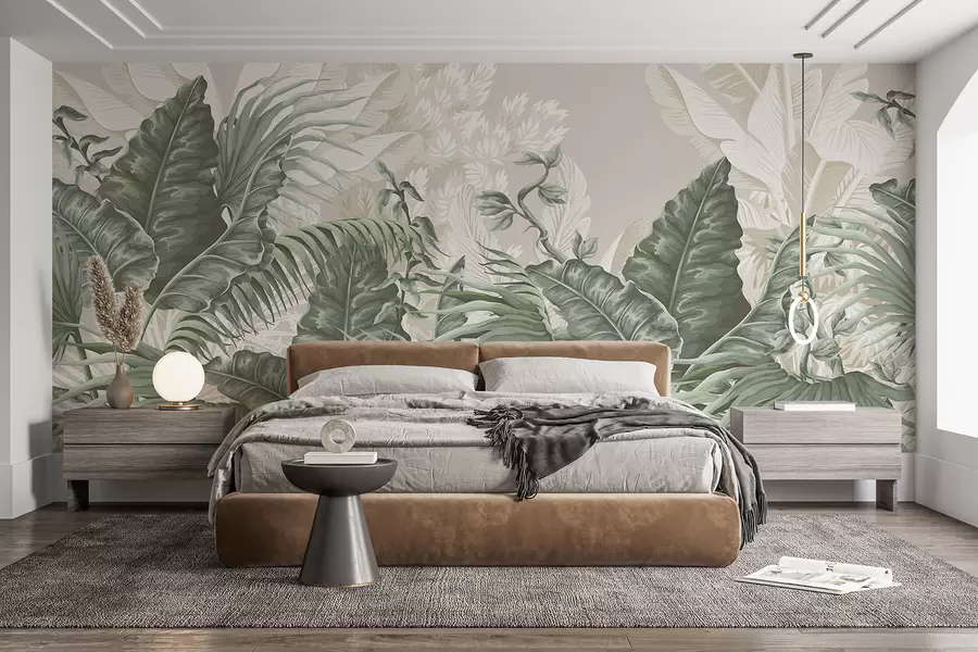 murales de pared Una escena de jungla tropical con grandes hojas verdes y flores en primer plano, creando una atmósfera exuberante w08242v1