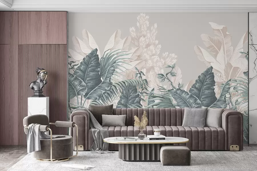 murales de pared Una escena de jungla tropical con grandes hojas verdes y flores en primer plano, creando una atmósfera exuberante w08242