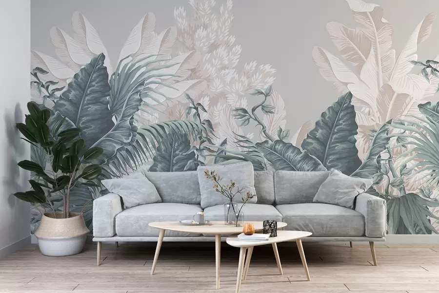murales de pared Una escena de jungla tropical con grandes hojas verdes y flores en primer plano, creando una atmósfera exuberante w08242