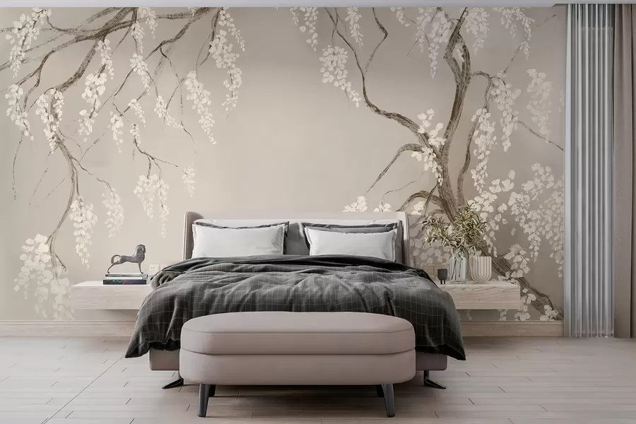 murales de pared Delicado cerezo blanco con flores floreciendo en las ramas sobre un fondo beige w08243