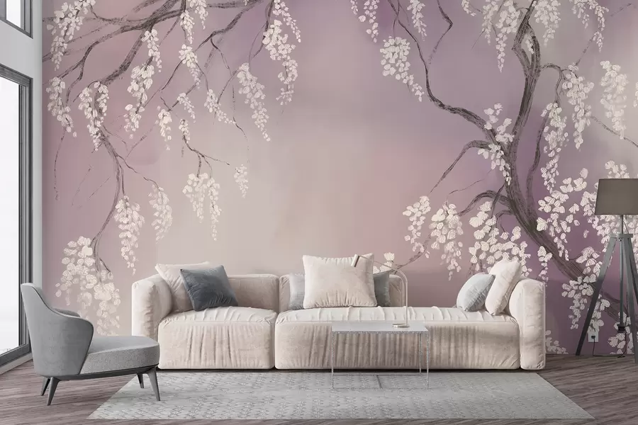 murales de pared Delicado cerezo blanco con flores floreciendo en las ramas sobre un fondo rosa w08243v2