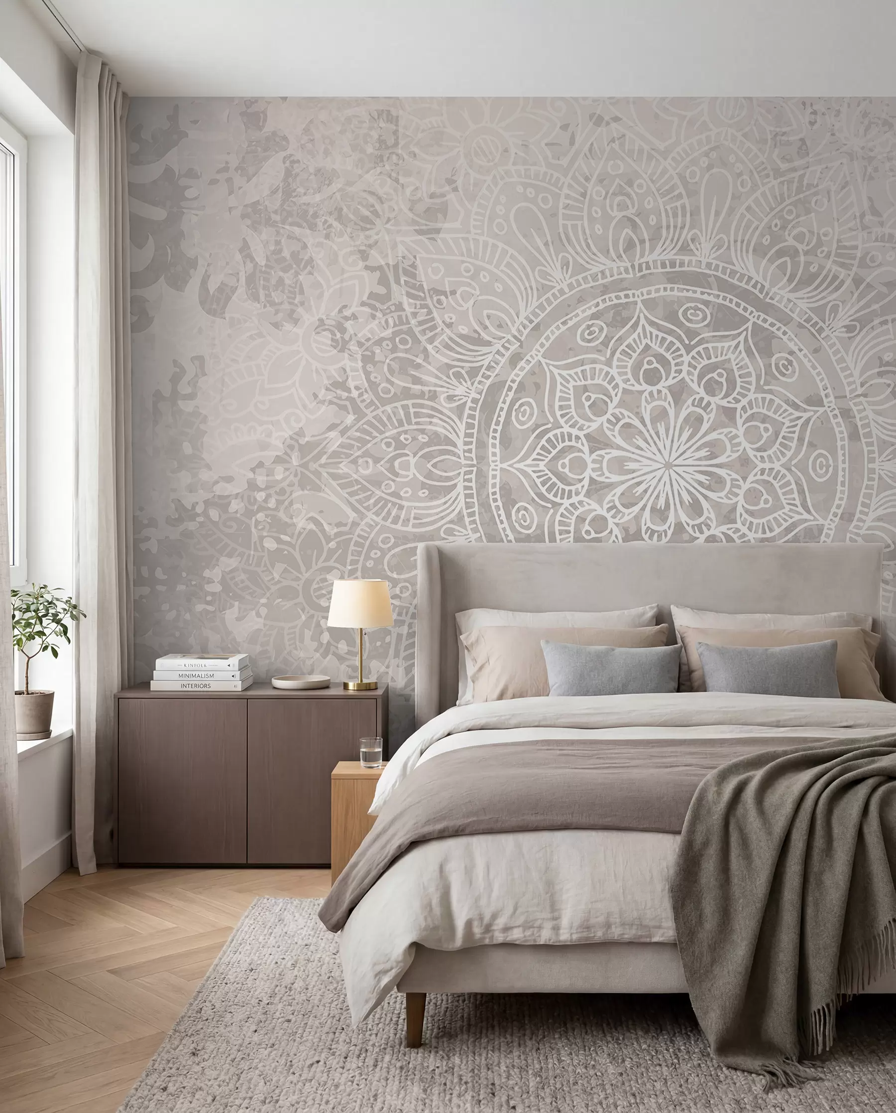 murales de pared Un patrón de mandala blanco detallado sobre un fondo vintage texturizado de color gris claro w08246
