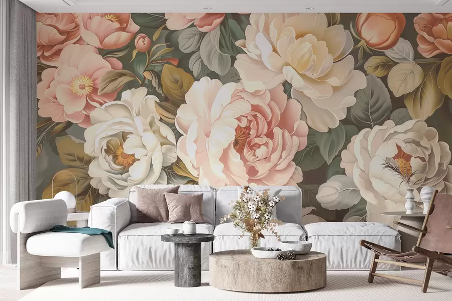 murales de pared Un ramo de grandes y exuberantes peonías y rosas florecientes en colores pastel w01495v1