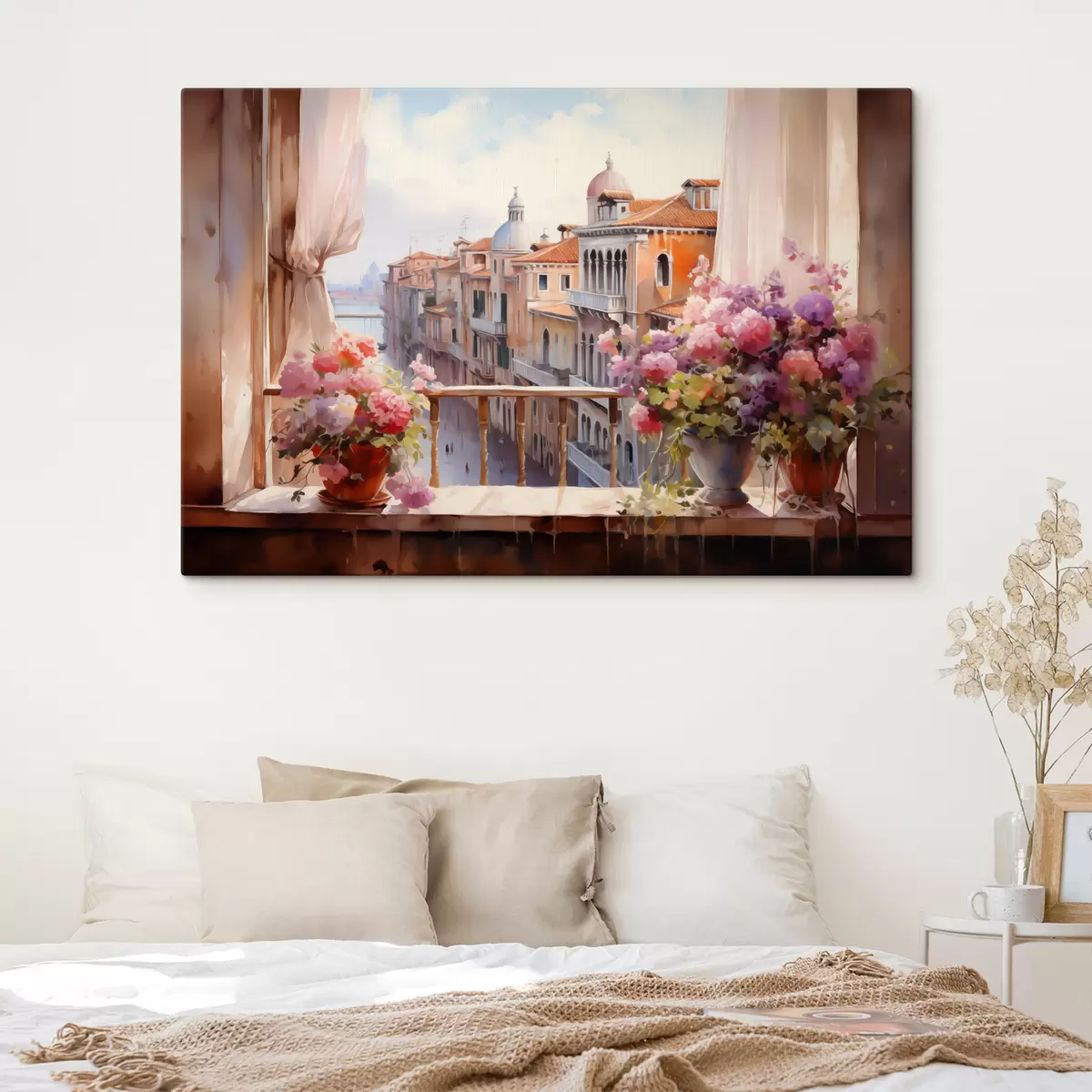 murales de pared Flores en jarrones con vistas a la bahía de Venecia acuarela s40677