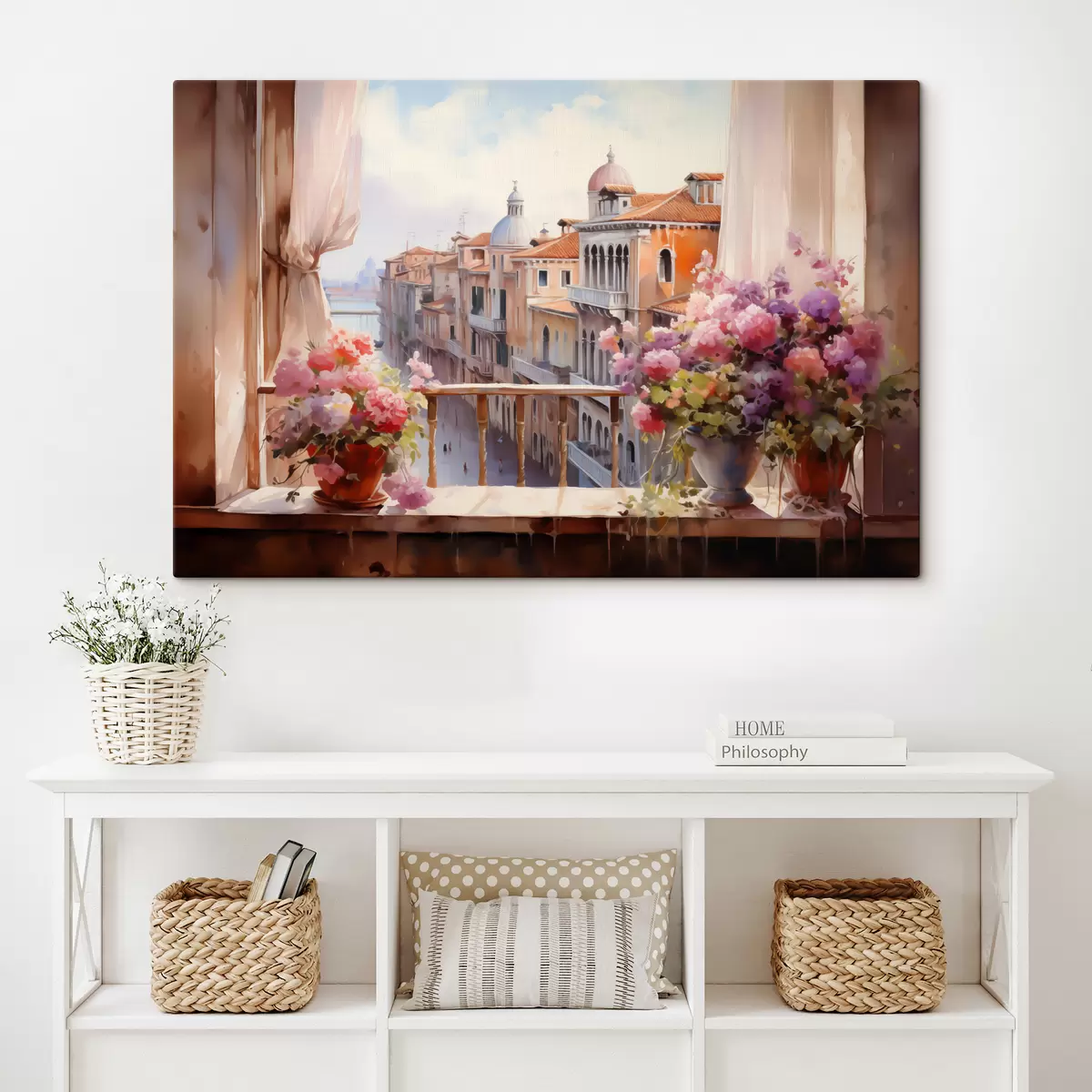 murales de pared Flores en jarrones con vistas a la bahía de Venecia acuarela s40677