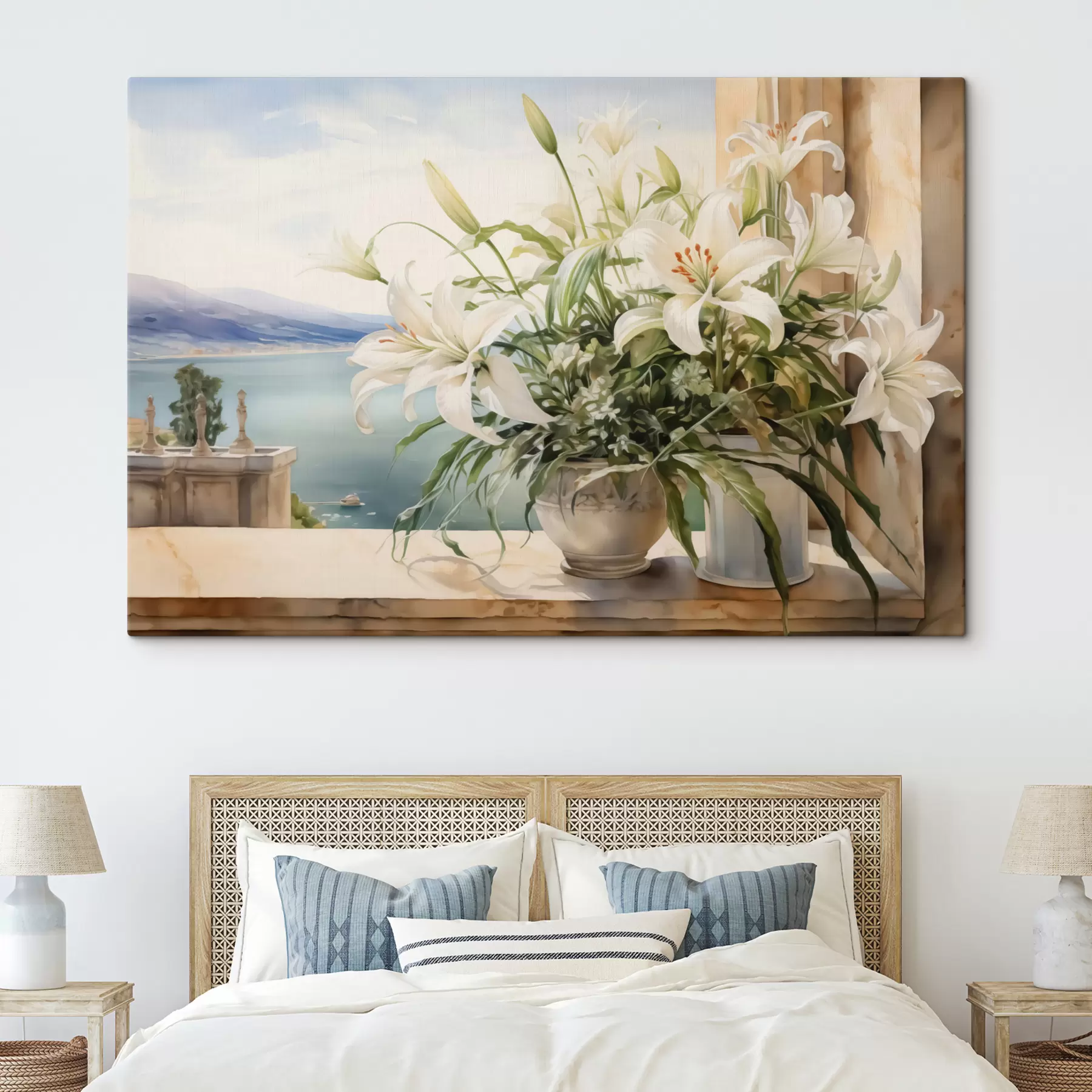 murales de pared Lirios blancos en un jarrón en un balcón con vistas al mar y las montañas acuarela s40682