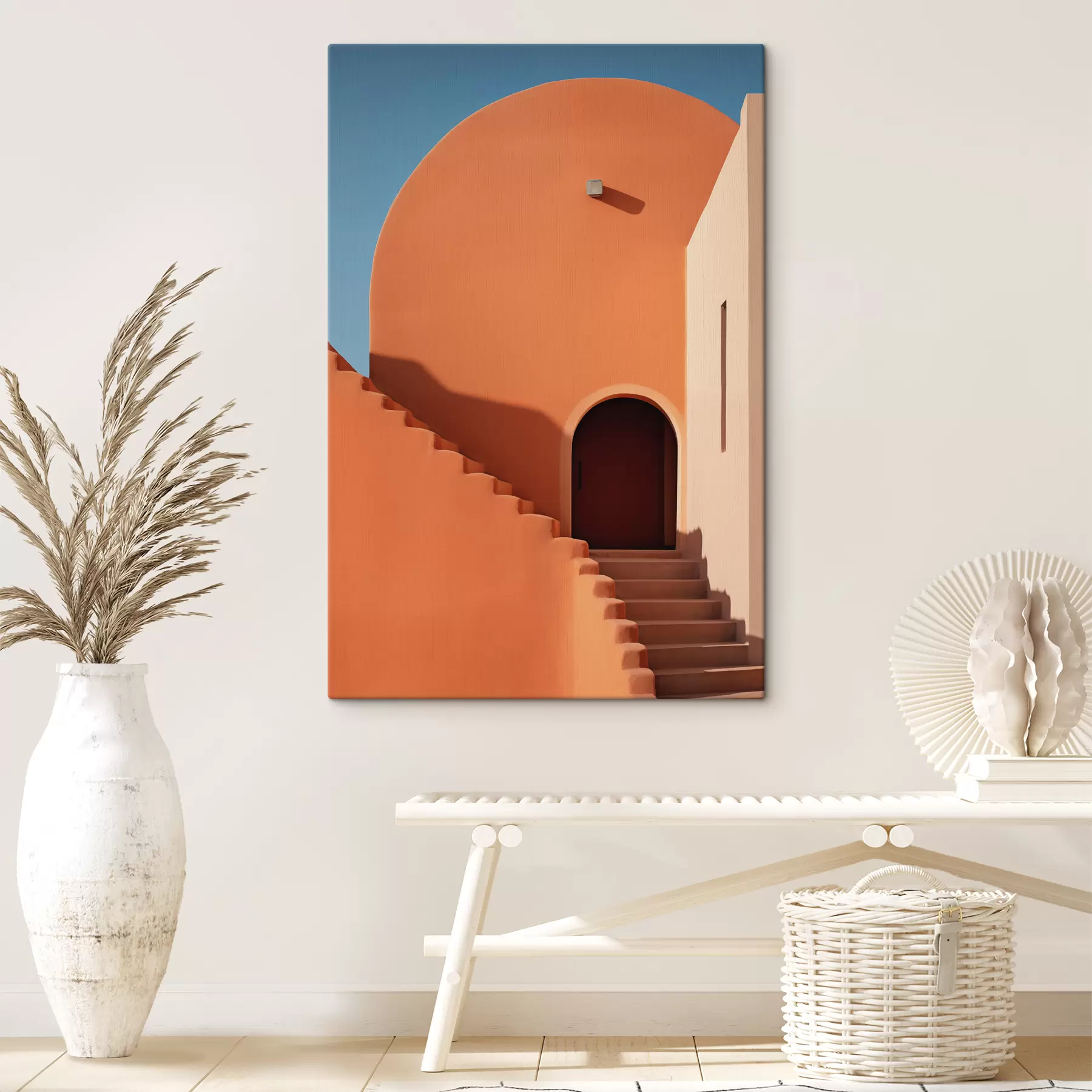 murales de pared Edificio de arquitectura minimalista con escalones, color azul, naranja s40724