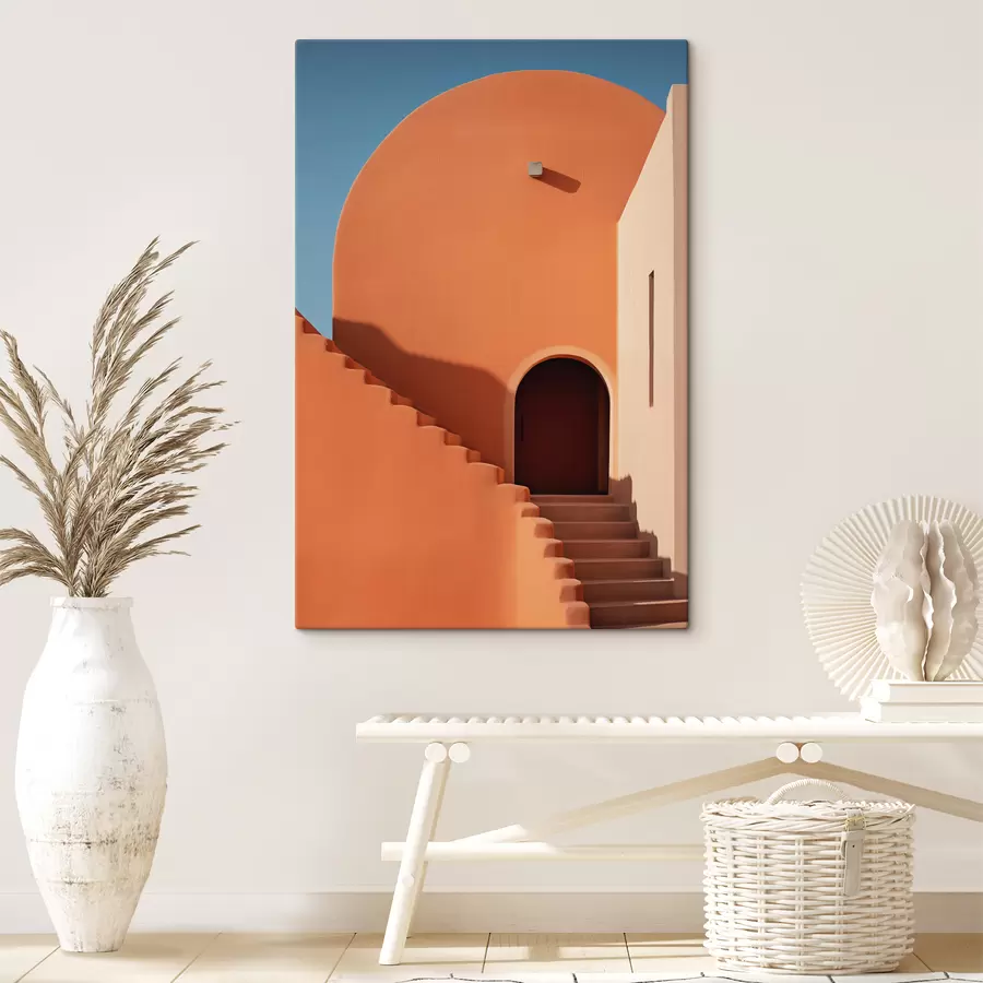 murales de pared Edificio de arquitectura minimalista con escalones, color azul, naranja s40724