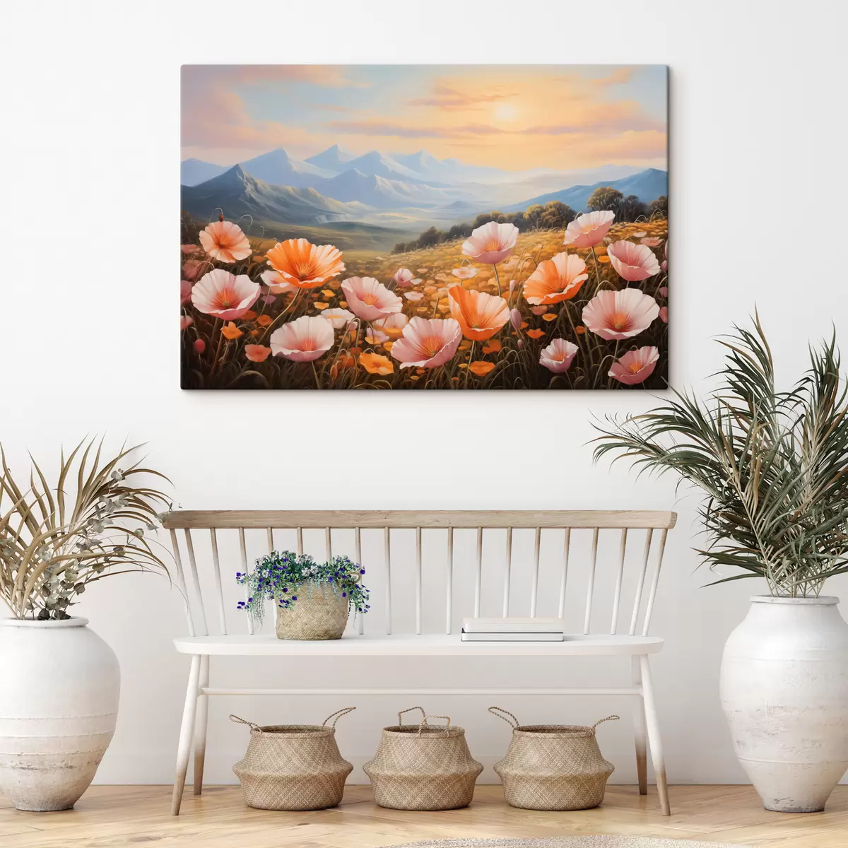 murales de pared Campo de amapolas al amanecer con montañas al fondo s40730