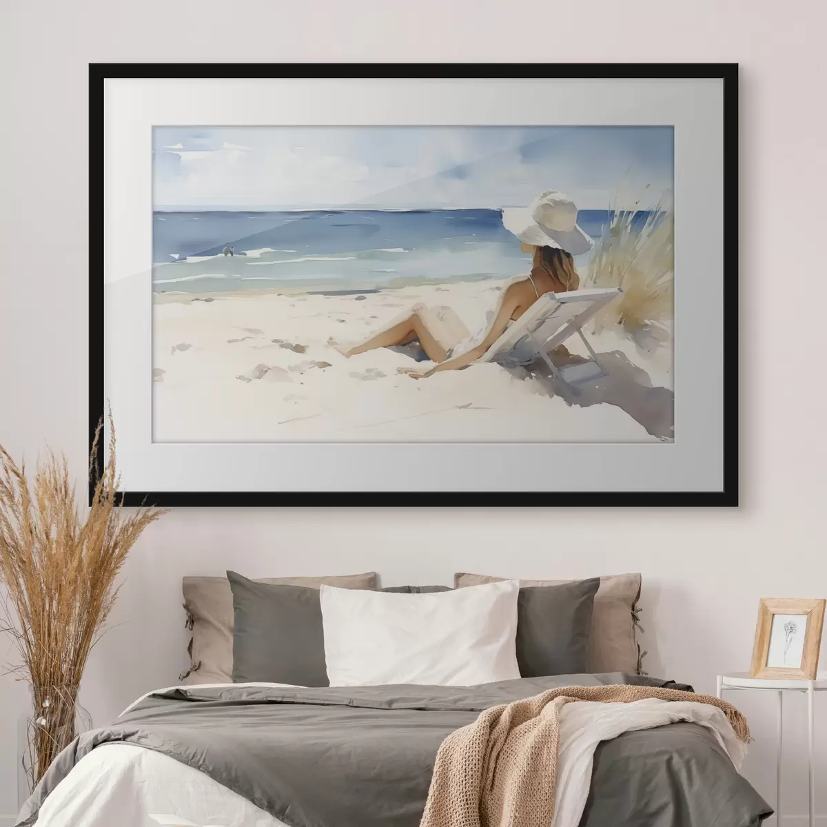 Poster Chica relajándose en la playa junto al mar acuarela f40679
