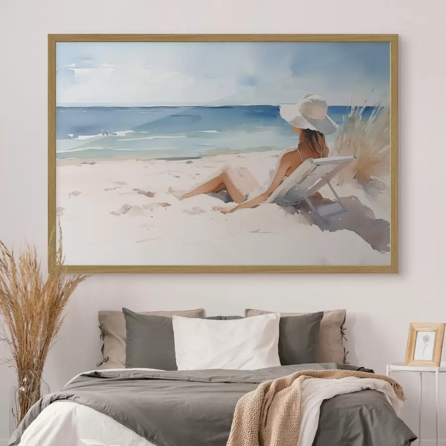 murales de pared Chica relajándose en la playa junto al mar acuarela f40679