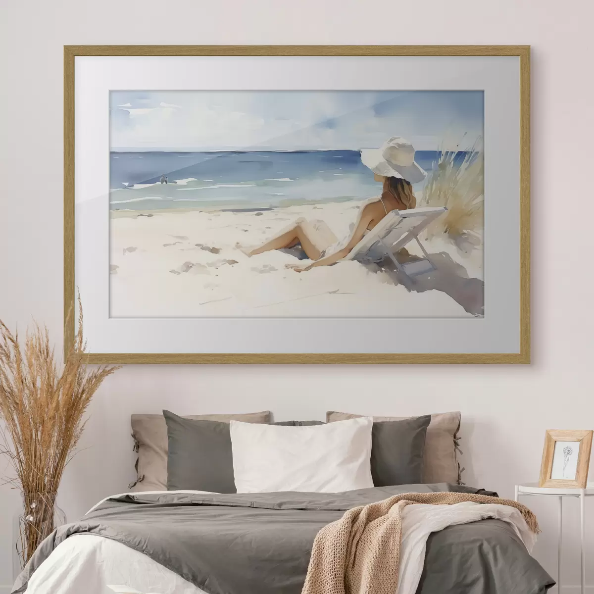 Poster Chica relajándose en la playa junto al mar acuarela f40679
