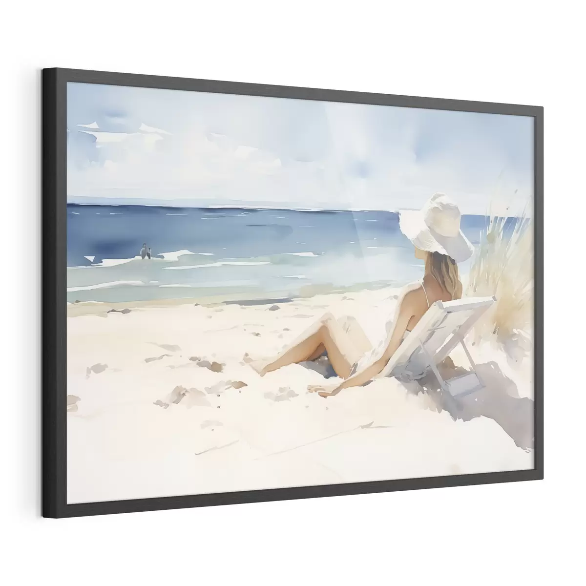Poster Chica relajándose en la playa junto al mar acuarela f40679