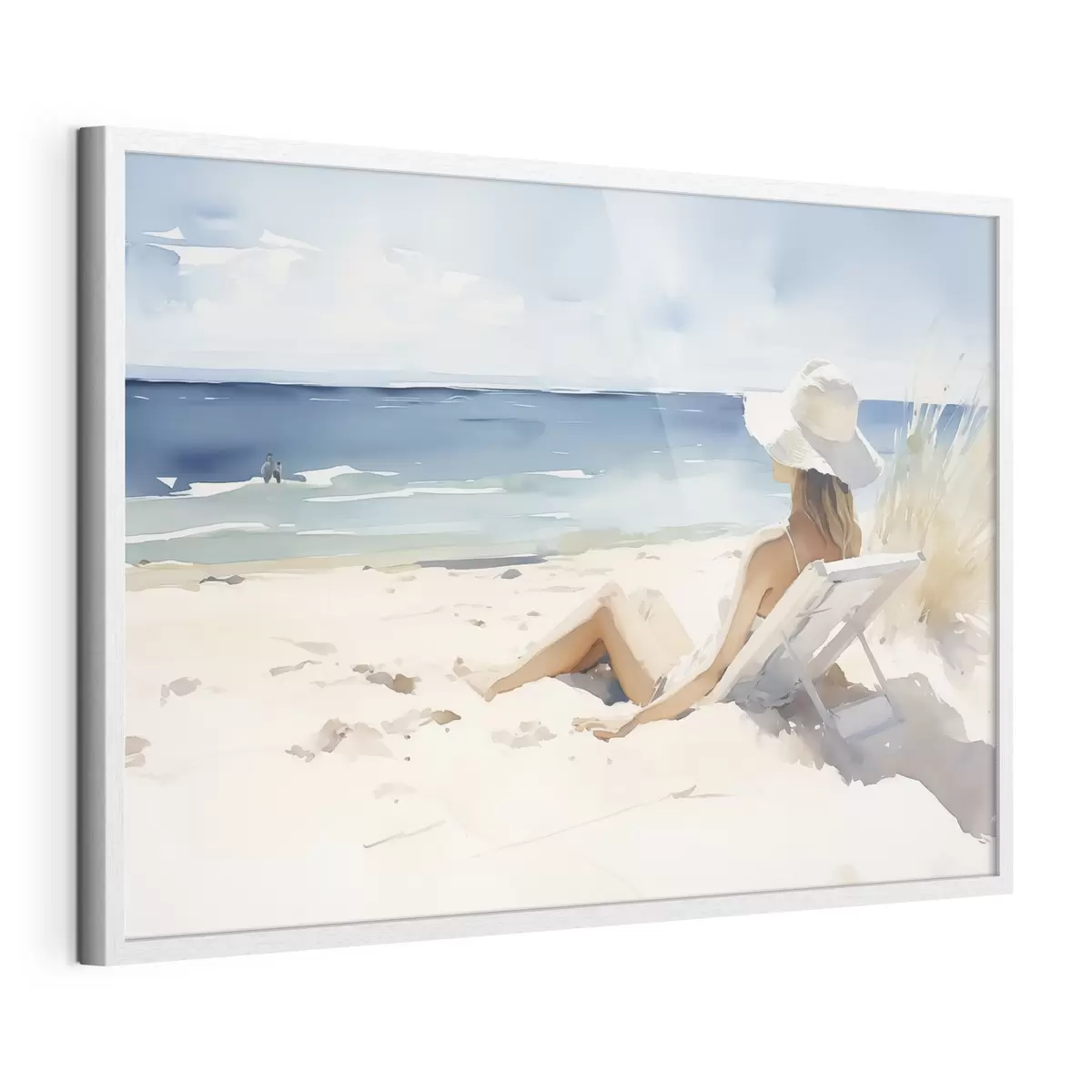 Poster Chica relajándose en la playa junto al mar acuarela f40679