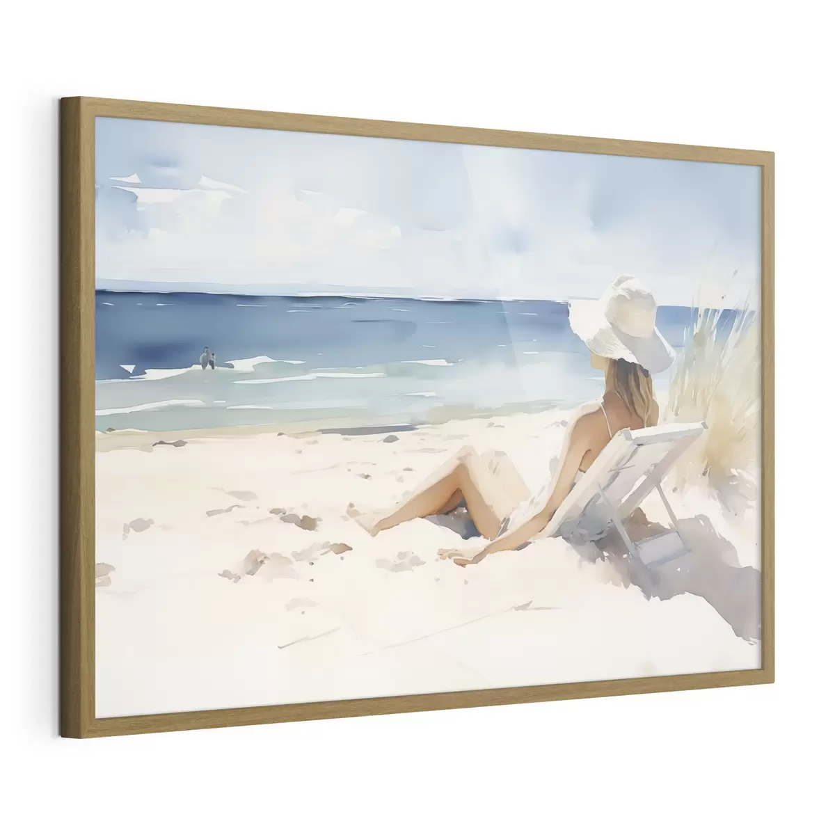 Poster Chica relajándose en la playa junto al mar acuarela f40679