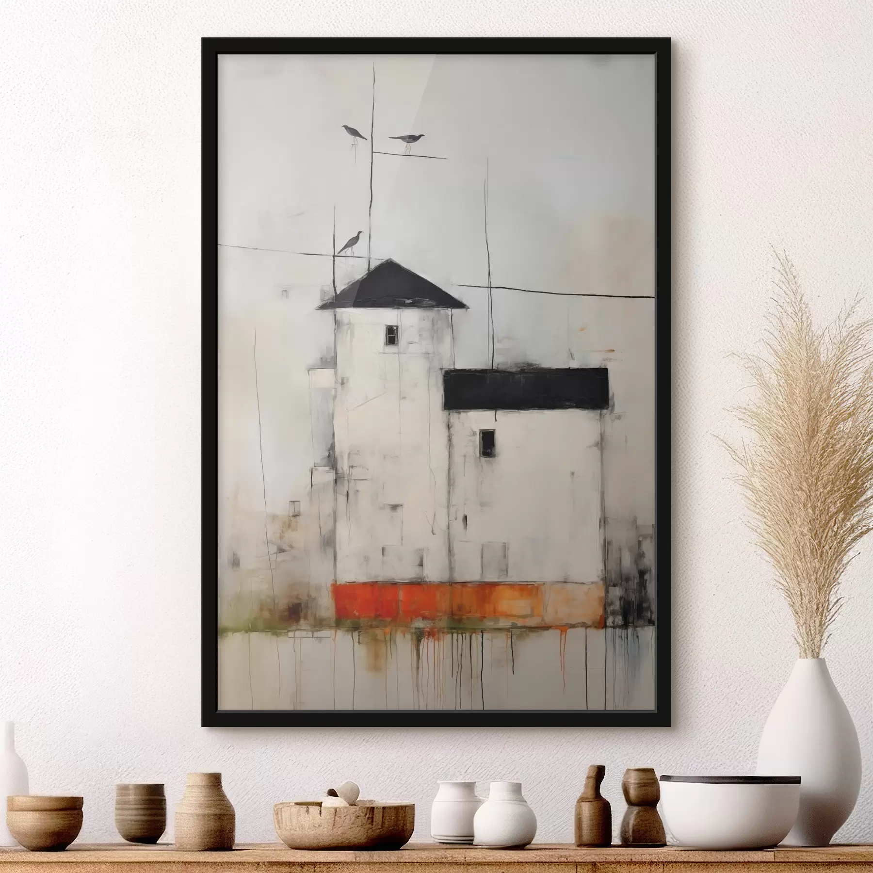 murales de pared Casas blancas con tejados negros pintados con textura de arañazos y abrasiones de suciedad f40685