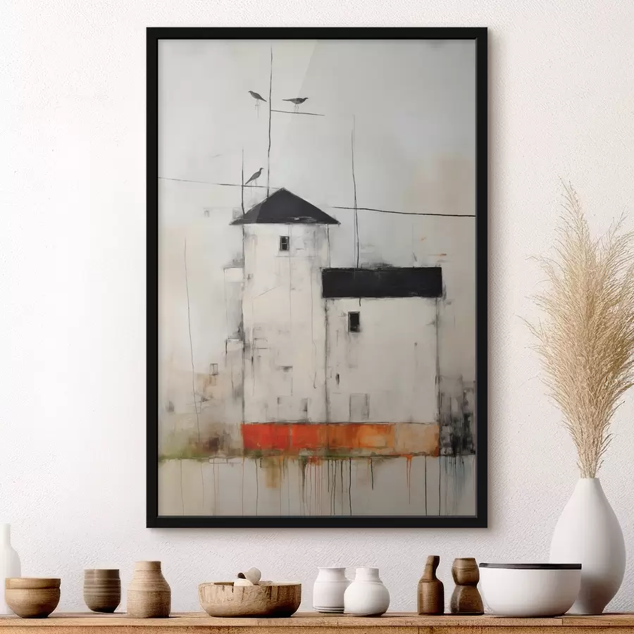 murales de pared Casas blancas con tejados negros pintados con textura de arañazos y abrasiones de suciedad f40685