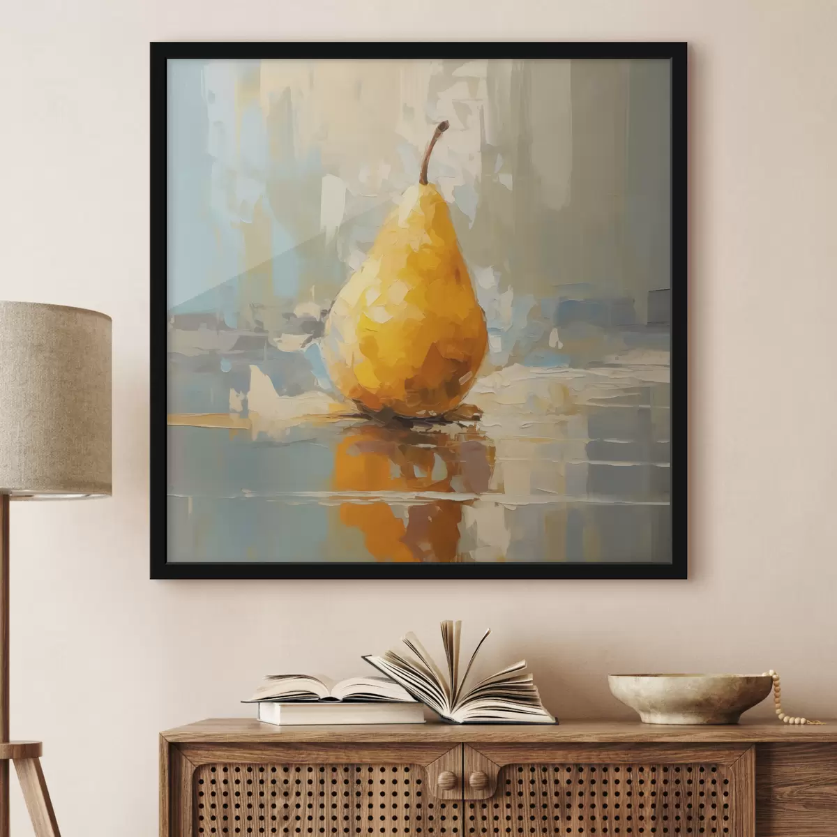 Poster Pera sobre fondo pastel, amarillo, naranja, gris f40690