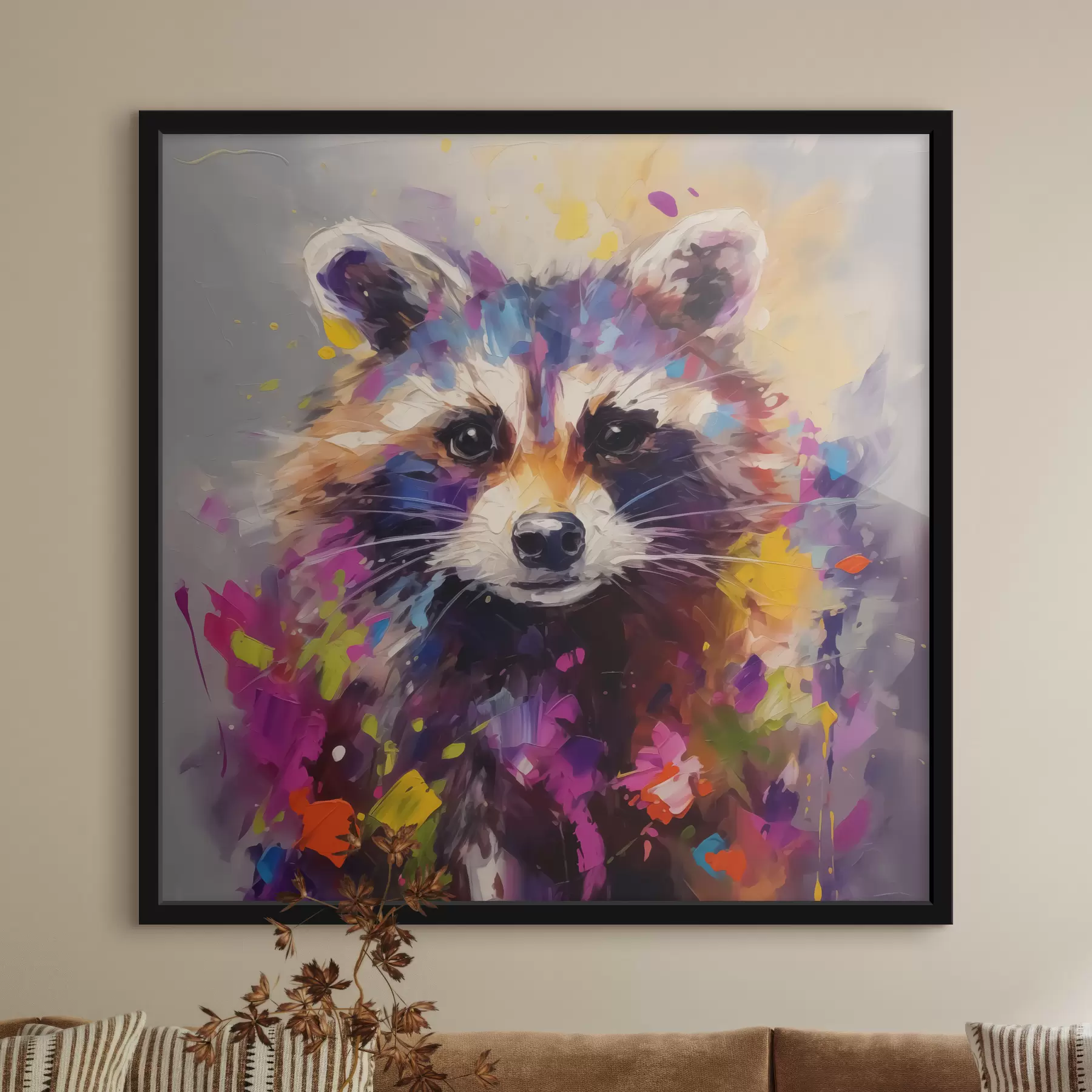 murales de pared Retrato abstracto de un mapache en colores vivos f40691