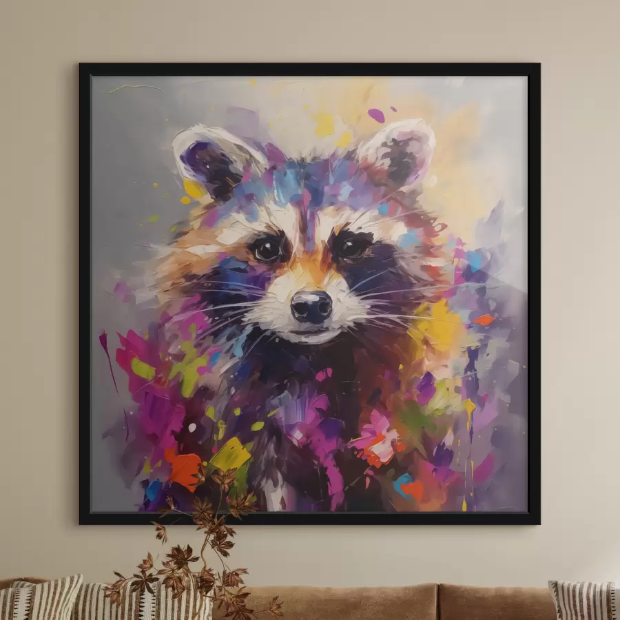 murales de pared Retrato abstracto de un mapache en colores vivos f40691