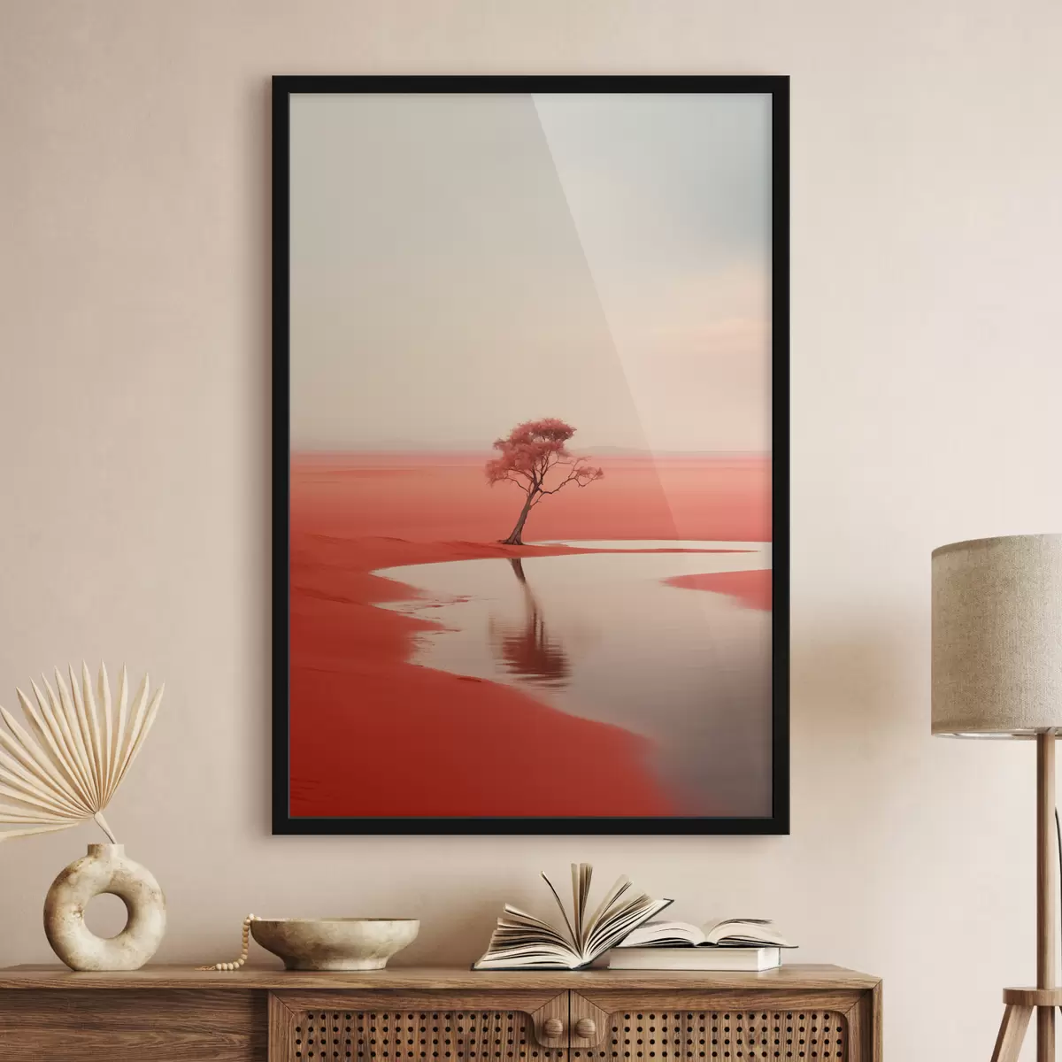Poster Paisaje minimalista árbol junto al río, de color rojo, gris f40722