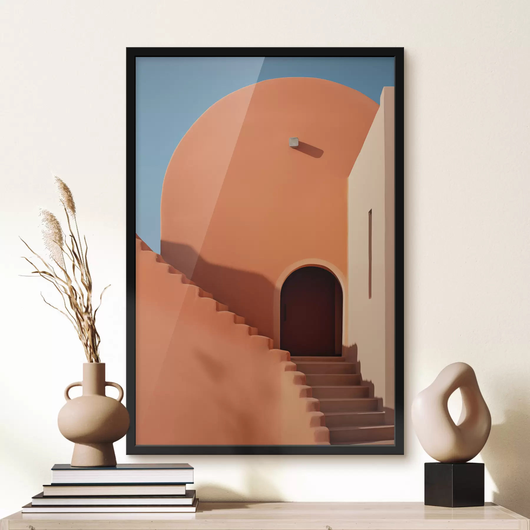 murales de pared Edificio de arquitectura minimalista con escalones, color azul, naranja f40724