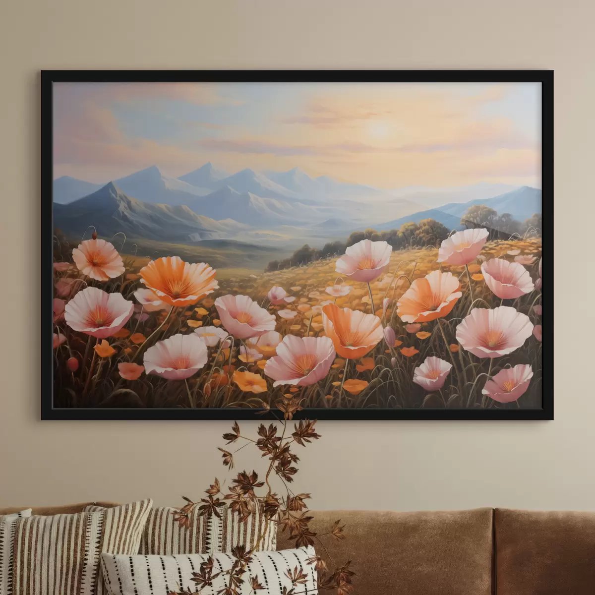 Poster Campo de amapolas al amanecer con montañas al fondo f40730