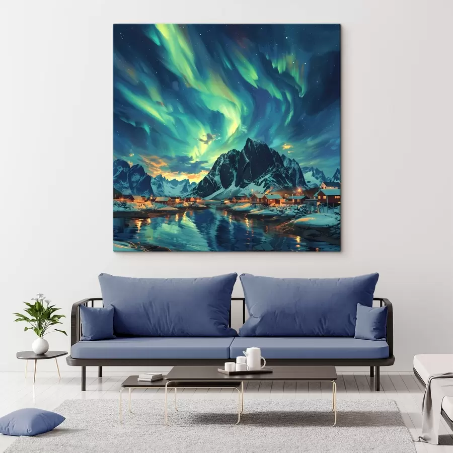 murales de pared Islas Lofoten, luces del norte, pueblo de invierno s40299