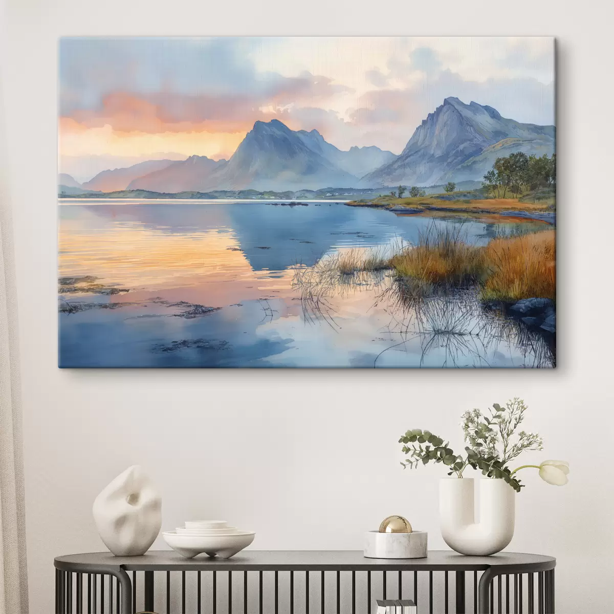 murales de pared Río tranquilo con montañas, amanecer, colores suaves s40307