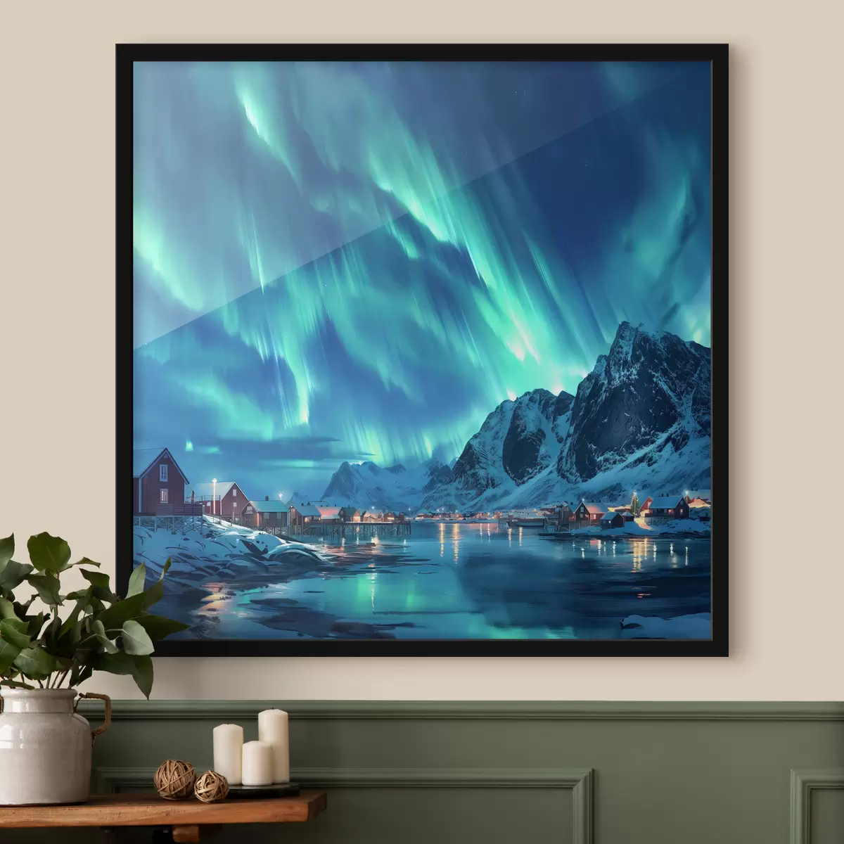 Poster Noruega pueblo de invierno, luces del norte, cielo nocturno f40300