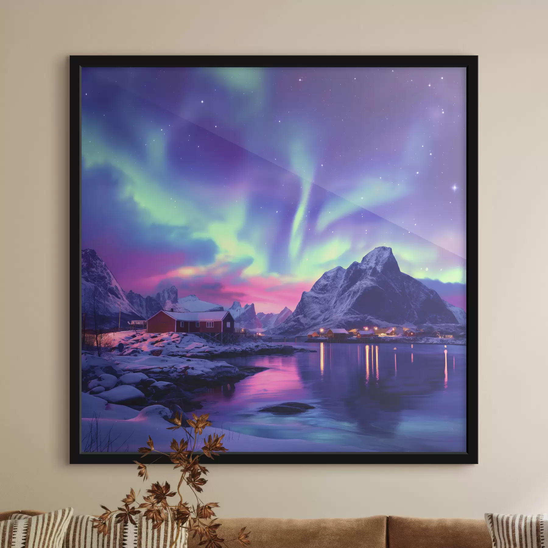 murales de pared Luces del norte en las islas Lofoten, Noruega naturaleza, invierno f40298