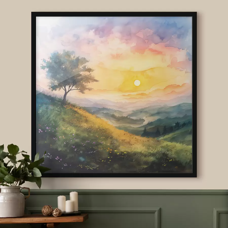 murales de pared Pradera con colinas y árboles, flores, acuarela f40303