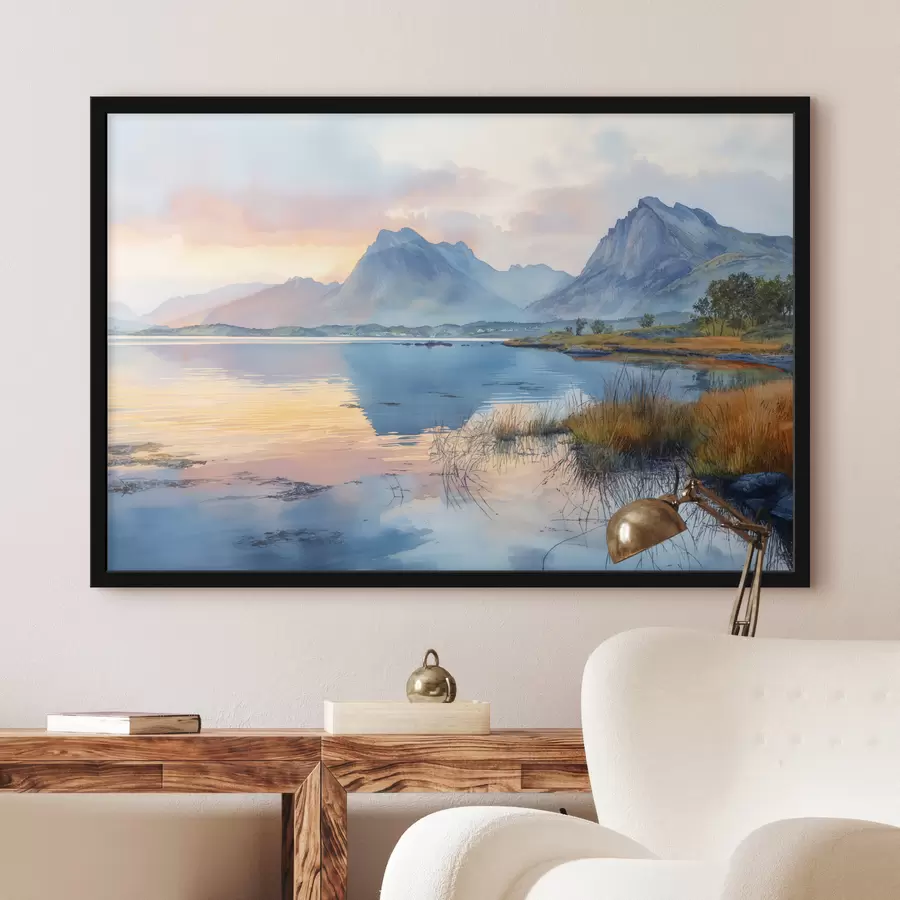 murales de pared Río tranquilo con montañas, amanecer, colores suaves f40307