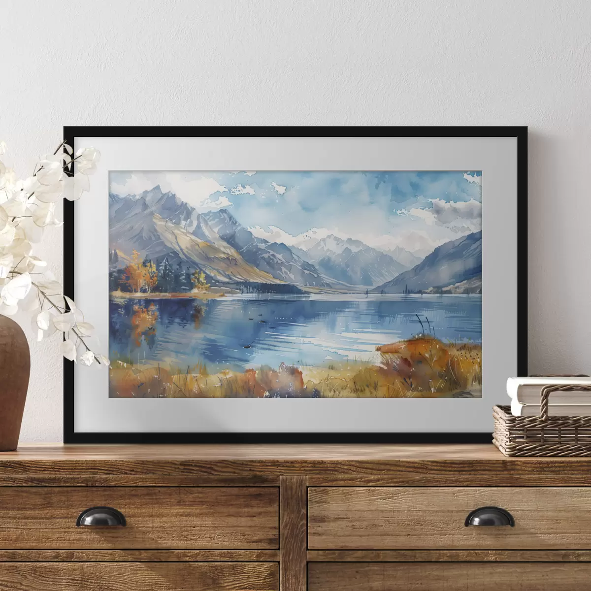 Poster Paisaje de montañas en acuarela, colores otoñales f40308