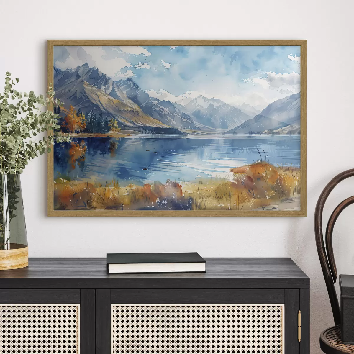Poster Paisaje de montañas en acuarela, colores otoñales f40308