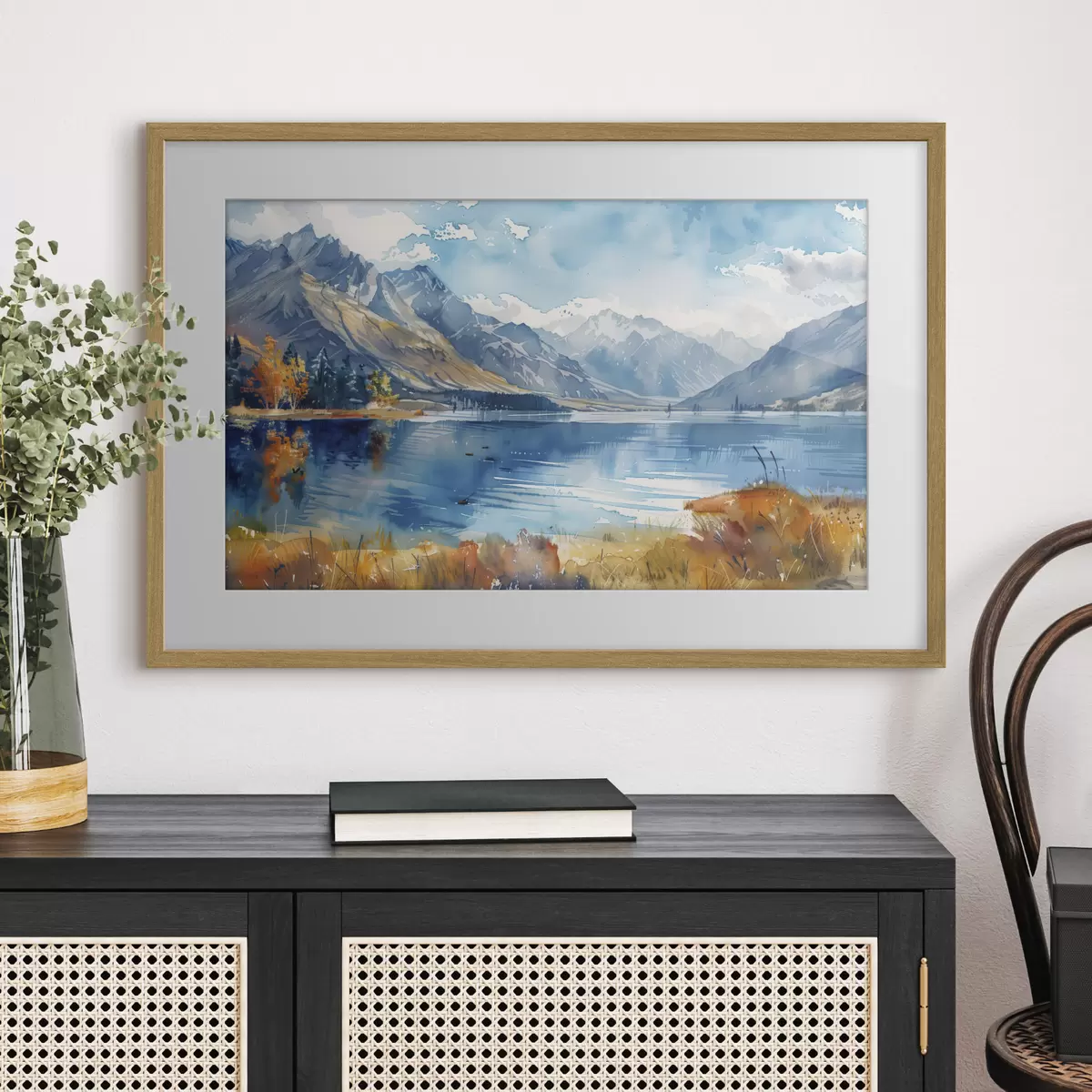 Poster Paisaje de montañas en acuarela, colores otoñales f40308